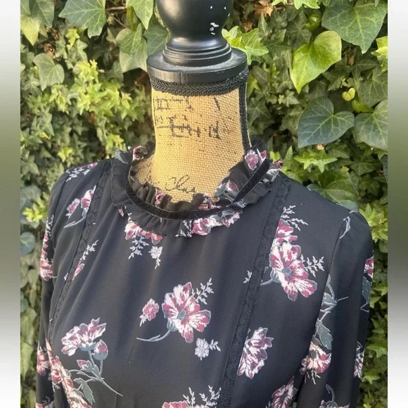 June & Hudson Black Maxi Dress Whimsigoth Boho Goth Floral Ruffles Lace Velvet - Picture 7 of 13